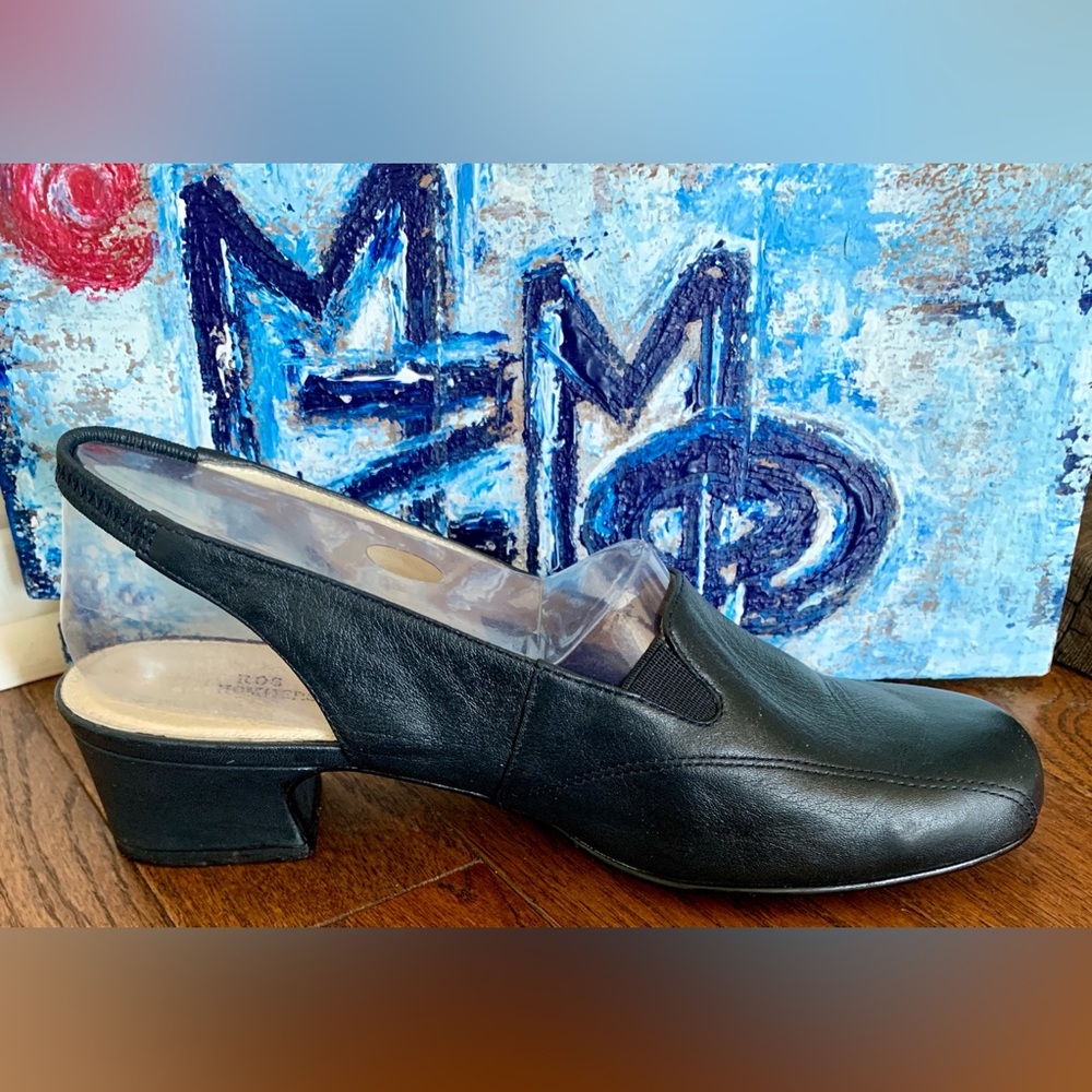 Ros Hommerson Black Fine Leather Sling-back Chunky Heel Sz 10M
